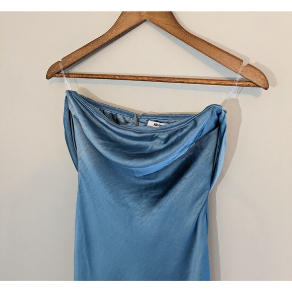 Showpo Charlita Steel Blue Maxi Dress Strapless Cowl Back Satin Dress Size 4 - Picture 5 of 11
